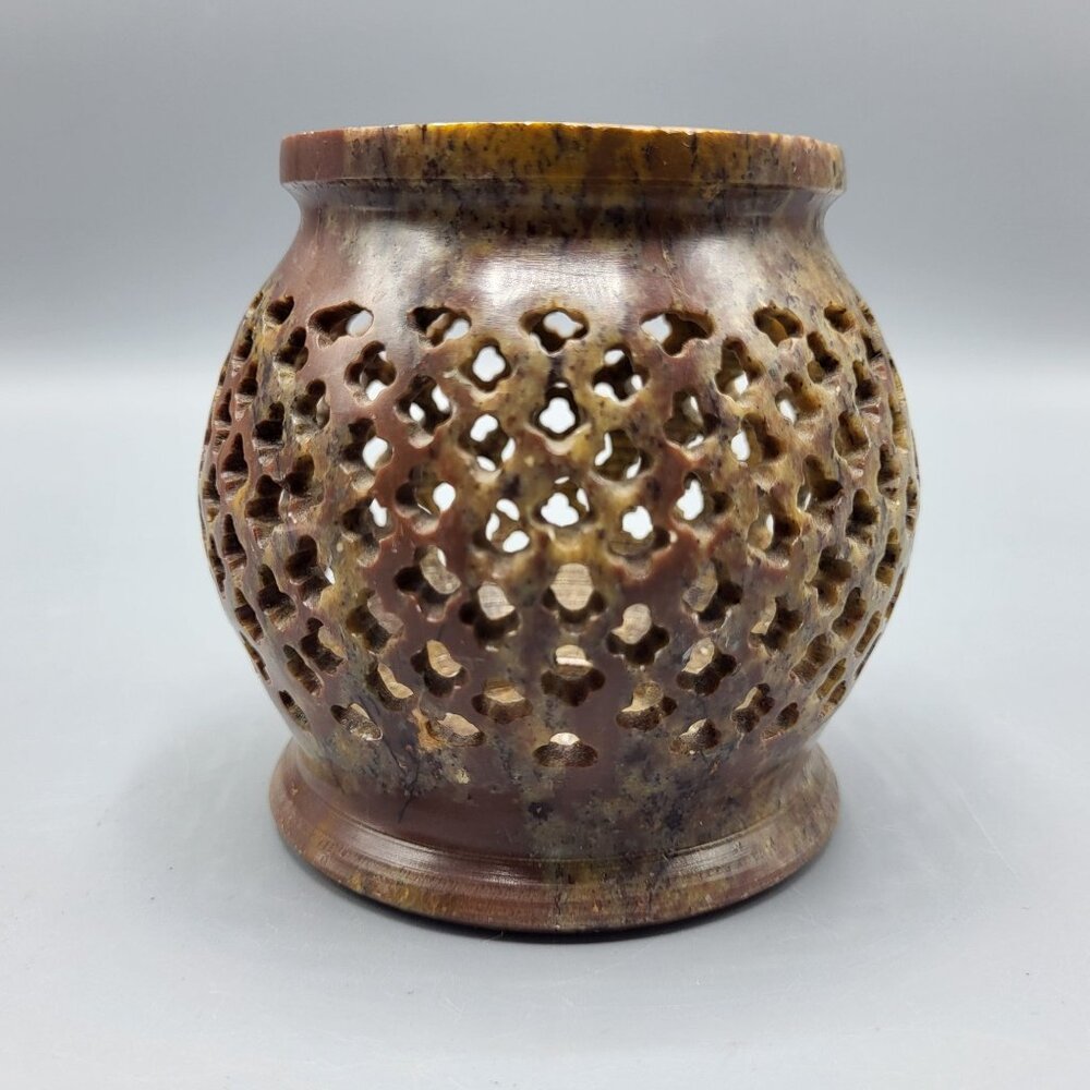 Vintage Decorative Brown Soapstone Stone Carved Candle Holder